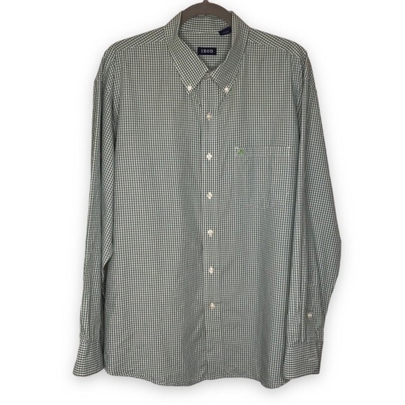 Izod Micro Check Green White Plaid Button Down Long Sleeve Shirt Mens Size XL - Picture 1 of 14